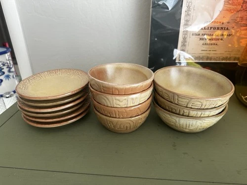 Vintage Frankoma Mayan Aztec Desert Gold Saucers And Bowls 13 Pieces 7X 7XO 7E