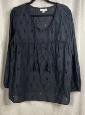 Style & Co - Women’s V-neck Long Sleeve Black Eyelet Top - Size Large /Boho