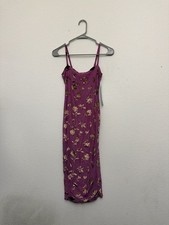 Y2K Slip Dress Metallic Floral Bodycon Midi XS Purple Mauve Party Club NWT