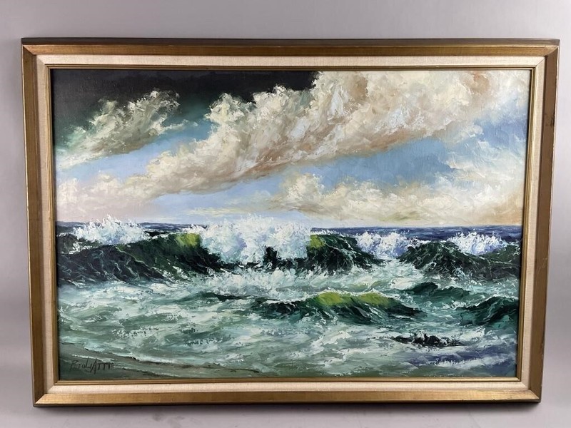 Toliatti Original Oil Painting Crashing Waves Seascape MCM Impasto Framed Large