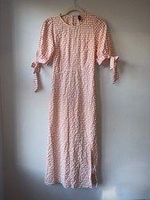 Nobody's Child Esme Gingham Midi Dress Pink Peach Seersucker Size 8 Puff Sleeve