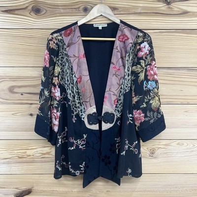Spencer Alexis Jacket 1X Kimono Floral Black Pink Frog Closure Embroidered B188