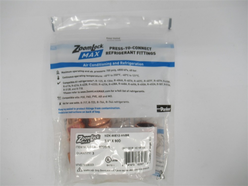 Parker 870605 , ZoomLock MZK-90E12-HNBR 3/4" x 90° Elbow (PK 3)