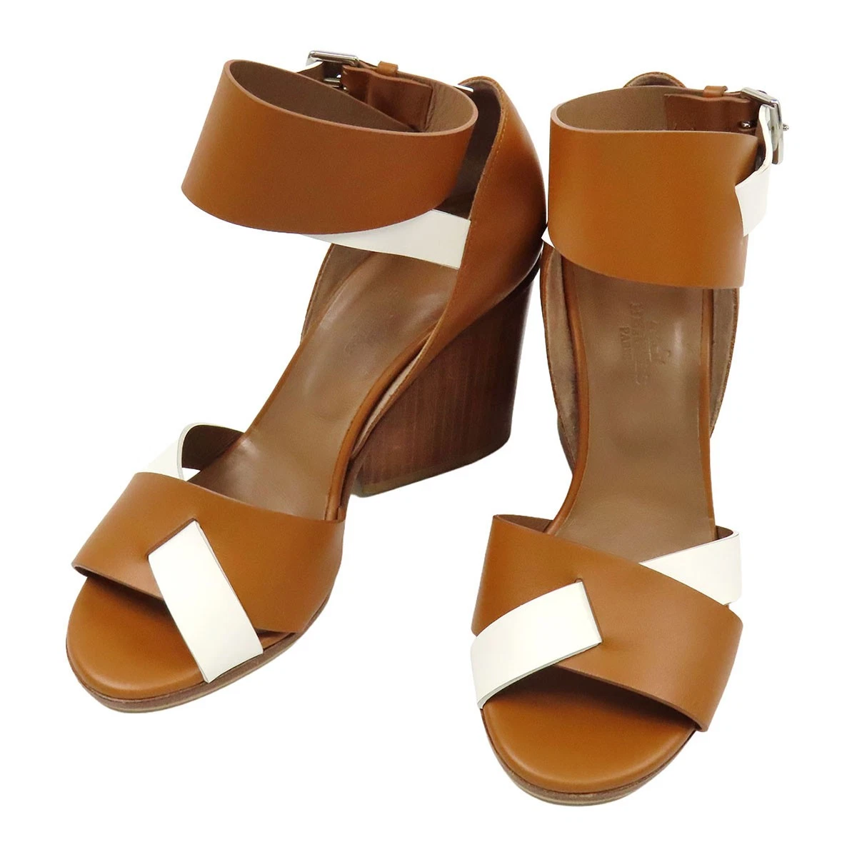 Hermes — HERMES Leather wedge sandals Women Brown white 【A】