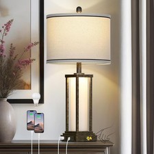27" Tall Vintage Table Lamp W/ USB C A  Outlet,Bronze Industrial End Table Lamp