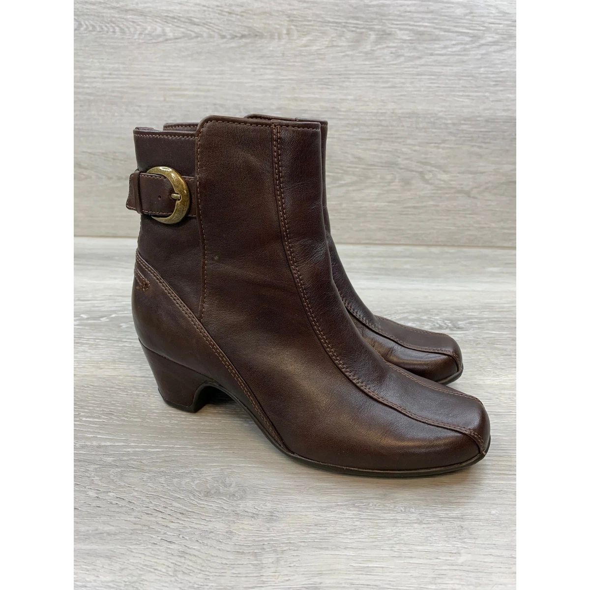 Clarks Artisan Brown Leather Ankle Boots Buckle Zip Moto Booties 7M CLARKS Artisan Women 7M Brown Leather Ankle Boots Strap  main image 3