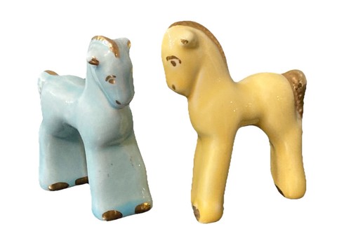 Vintage Ceramic 3” Pony Figurines Pair – Mid-Century Blue & Yellow Gold Accents