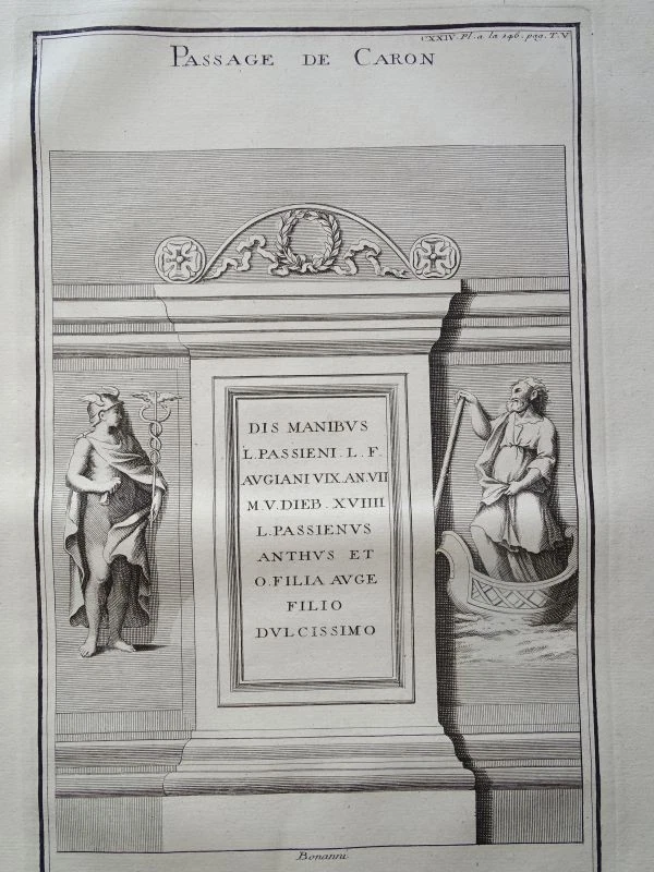 Charon Fährmann Hölle Mythologie Baukunst Ornamente Montfaucon Kupferstich 1722 - Bild 2 von 2