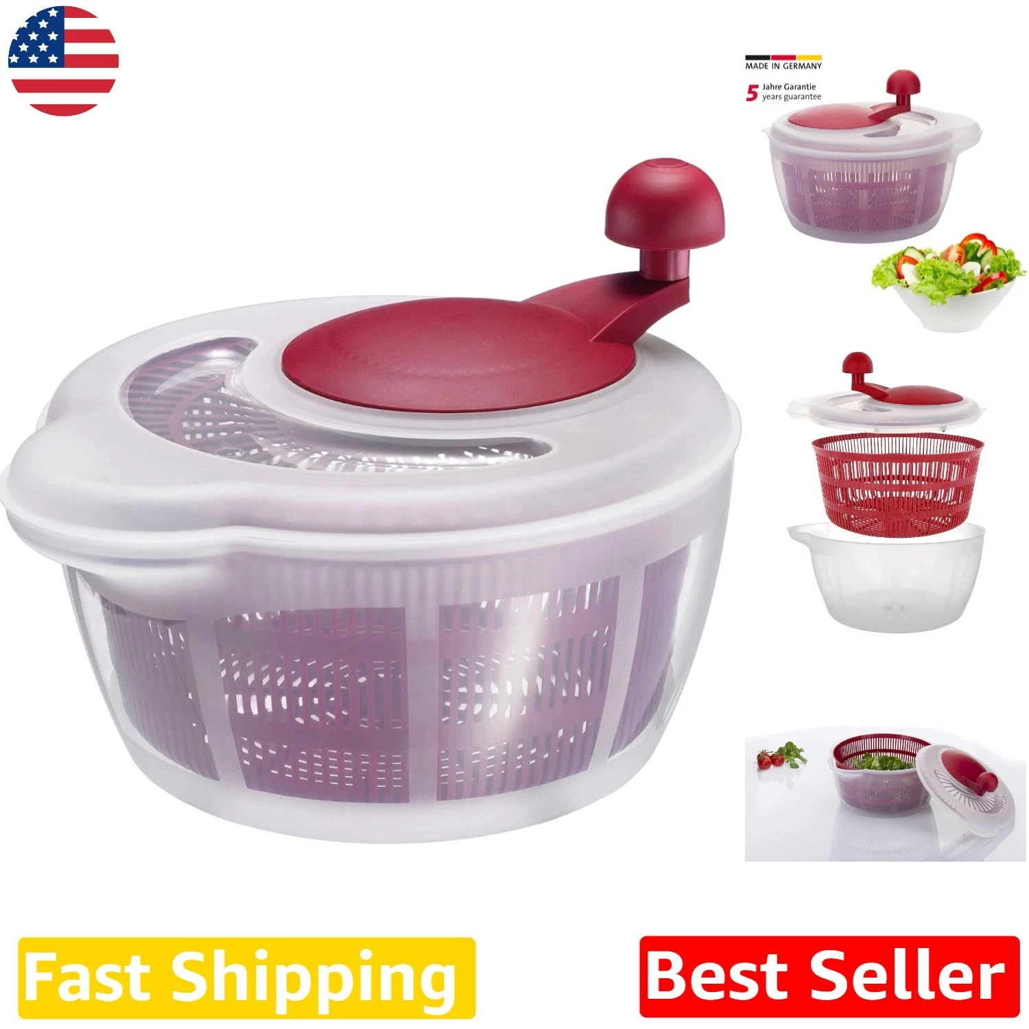 Vegetable Spinner Red/Clear Ergonomic Handle Dishwasher Safe