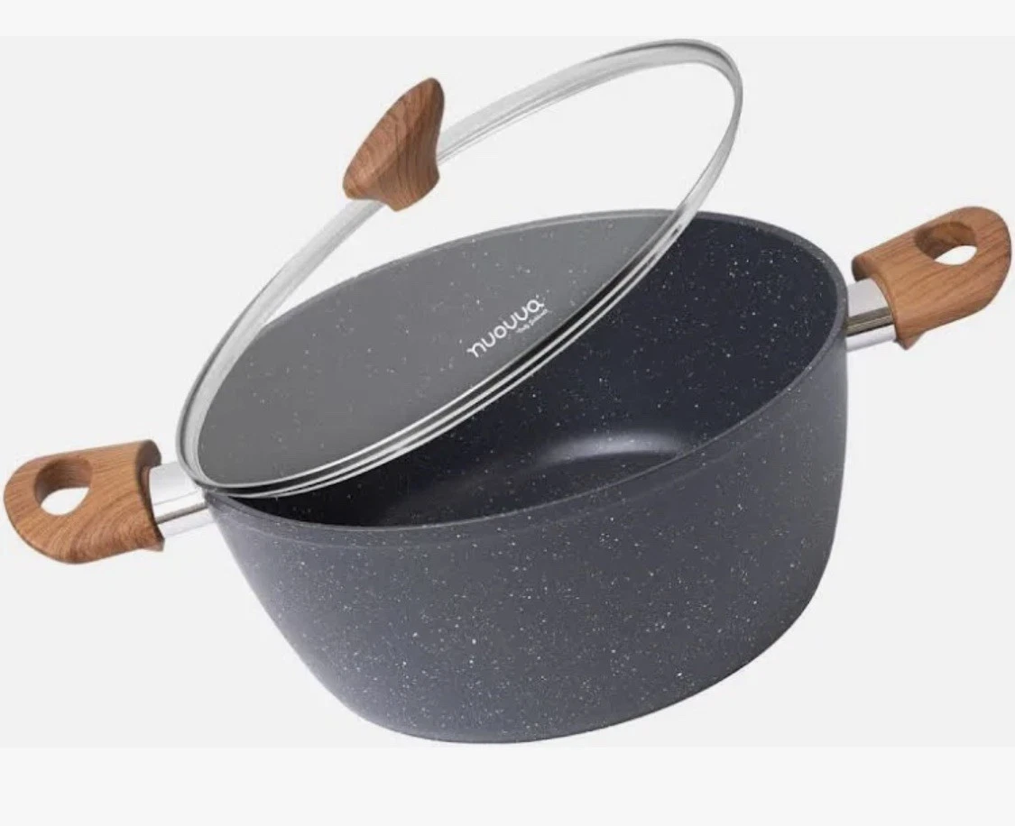 Nuovva 24cm Non-Stick Stock Pot with Glass Lid– Induction Casserole-Grey Granite