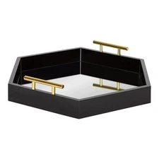 Lipton Modern Hexagon Mirrored Tray; 18 x 18; Black and Gold; Midcentury Deco...
