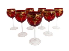 7 Venetian Cranberry Red and Clear Gilt and Enamel Wine Goblets circa 1950