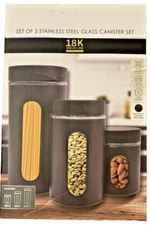 Tahari Set Of 3 Stainless Steel Glass Black Kitchen Canister Set Food Storage