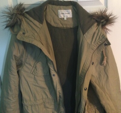 River Island Parka Ladies Tan Hooded With Faux Fur L Drawstring Waist