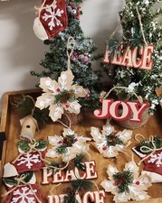 Rustic Neutral Christmas Holiday Ornaments Decor 13pc Farmhouse Burlap,Wood,Jute