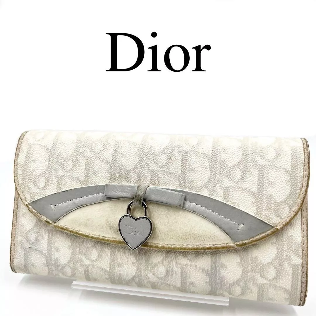 Christian Dior Portefeuille Long Trotteur Ruban Coeur PVC Blanc Beige