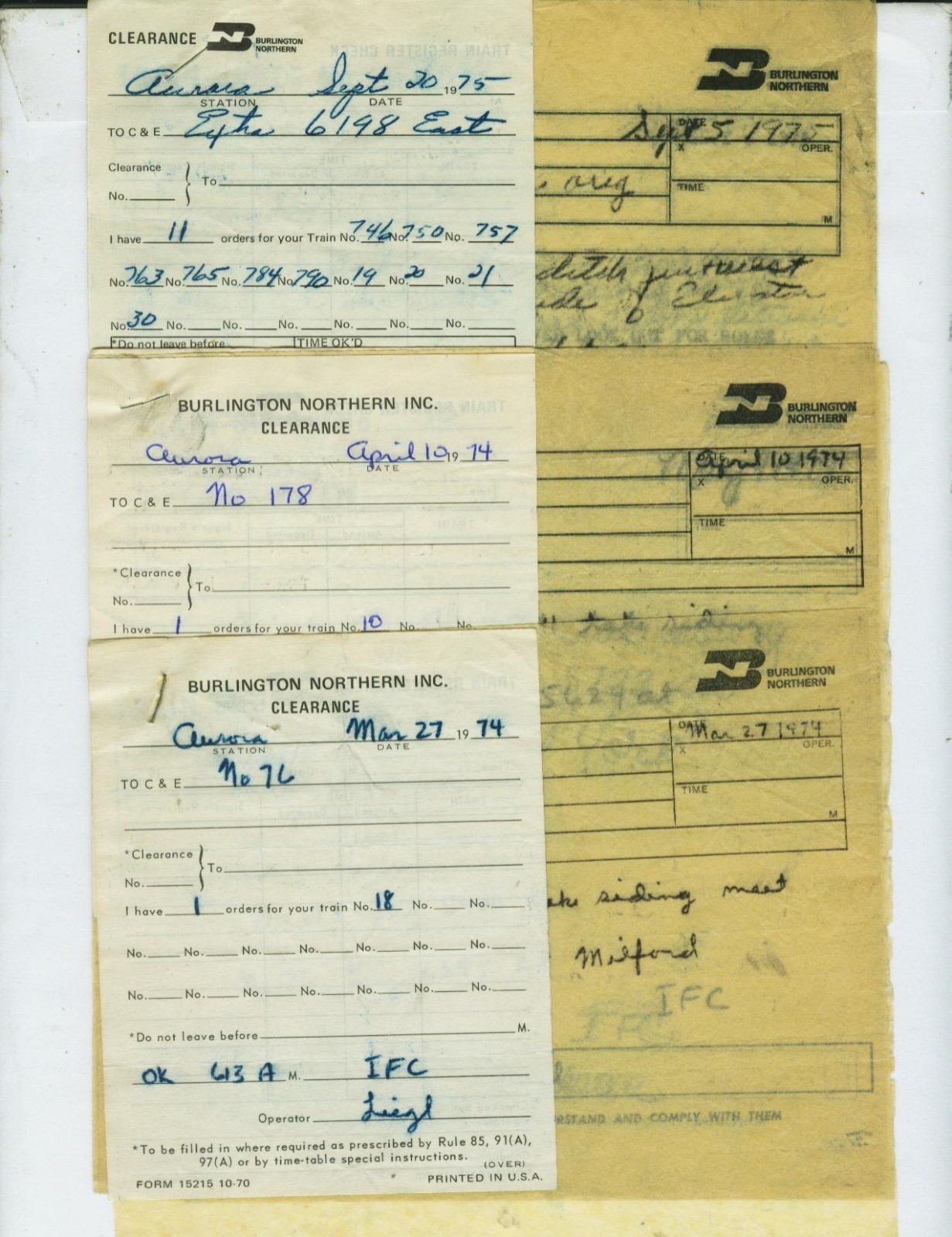 BURLINGTON NORTHERN RAILROAD TRAIN ORDERS (20) AURORA, NEBRASKA 1974 ...