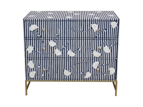Chest of Drawers - Inlaid Bovine Cow Bone - Blue & White Striped & Flowers - Picture 11 of 11