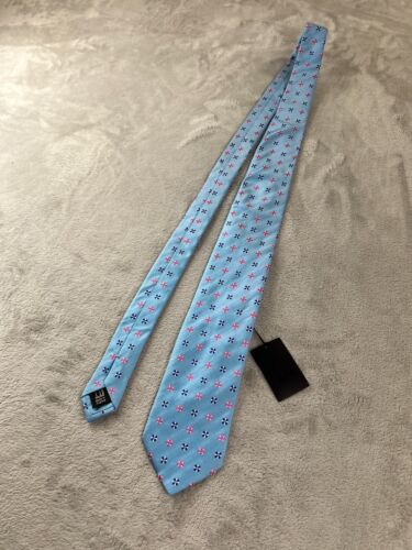 New DUNHILL 100% Silk Knit Tie Made in England Geometric Pink Navy Blue Pattern - Picture 2 of 7