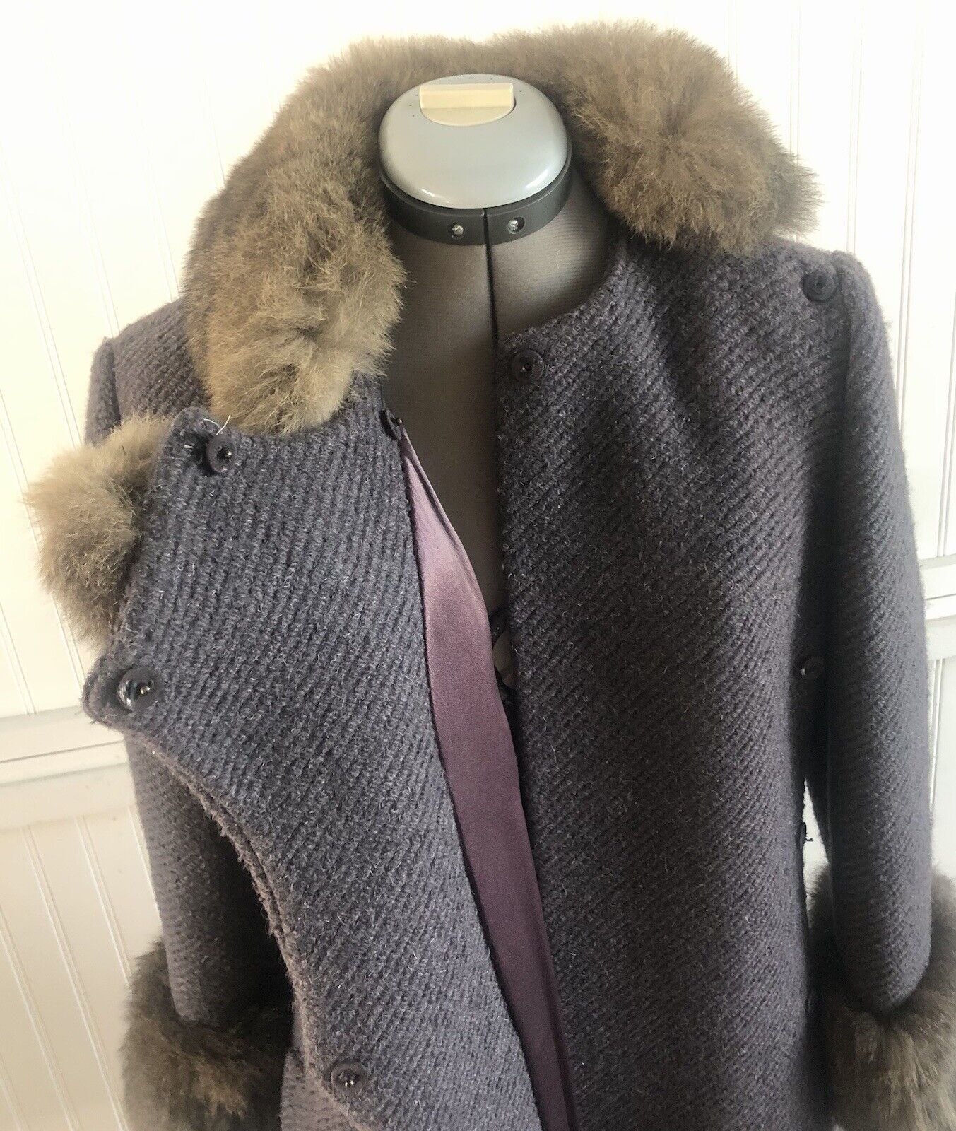 Rabbit Fur Trimmed Gray Blue Wool Coat - image 13