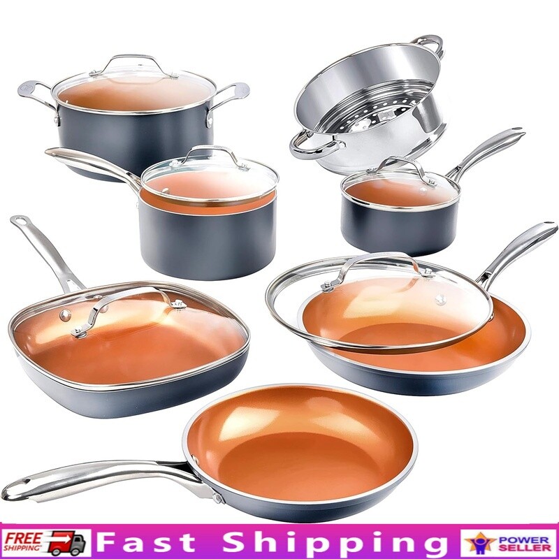 12-Piece Nonstick Ceramic Cookware Set - Dishwasher Safe Durable Gray Pots & Pans