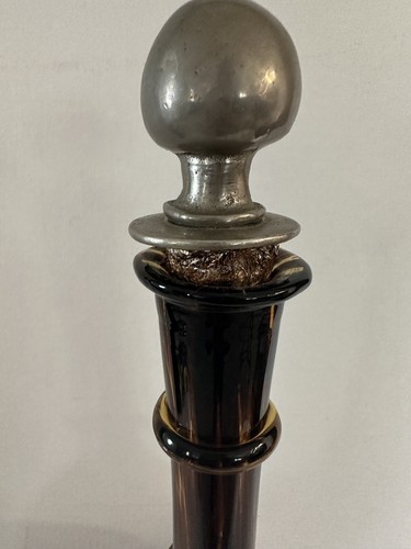 Italian Glass Decanter Genie Bottle w/ Round Metal Stopper Tortoise Shell Vtg - Picture 6 of 9