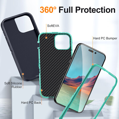 For iPhone 11 12 13 14 15 16 Pro Max Shockproof Rubber+PC Case