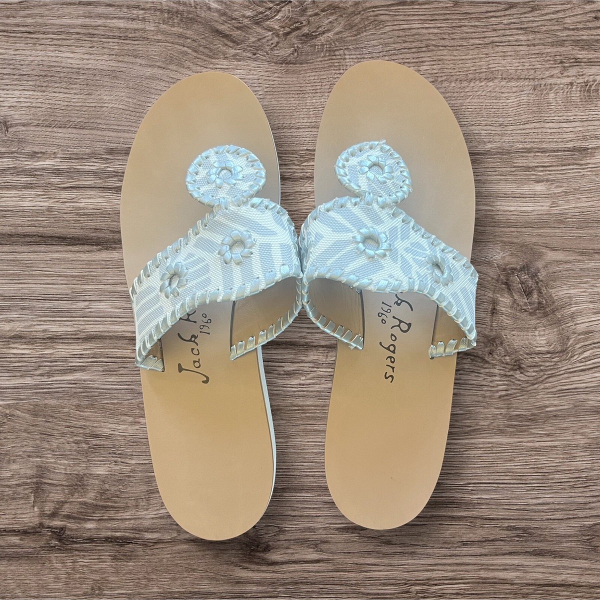 Jack Rogers 1960 White Silver Leather Stitched Sandals Boho Size