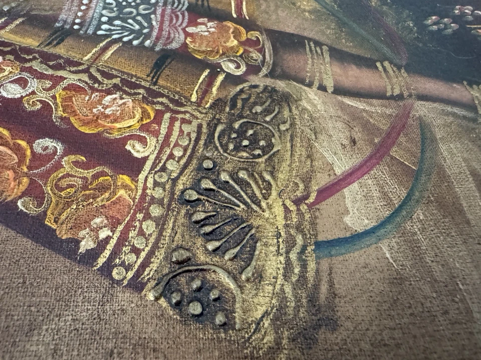 18x13 In. Cuzco Spanish Colonial Angel Rifle Oil Painting Archangel Arcabucero - Image 4 of 4