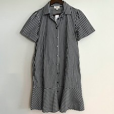 LOFT Outlet Striped Dress Gray White Short Sleeve Ruffle Hem Pockets XS NWT