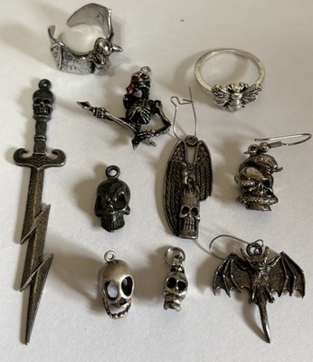 Vintage Jewelry Lot Skulls Gothic Grunge Pendants Rings Bats G&S Gordon & Smith