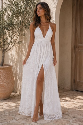 #ad Hello Molly NWT White Lace Halter Maxi Dress Open Front Boho Size US 6 $68.00