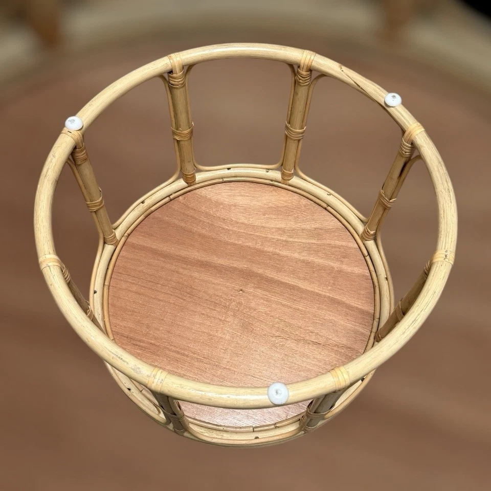 Rattan Bamboo Round Natural Wood Side Table 22” Circumference 14” Tall - Image 4 of 4