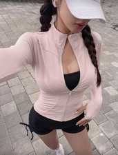 Pink Elastic Mock Neck Fitted Long Sleeve Zip Up Jacket Women s