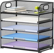 5 Tier Paper Organizer Letter Tray, Mesh Desk File Organizer with Handle, Paper