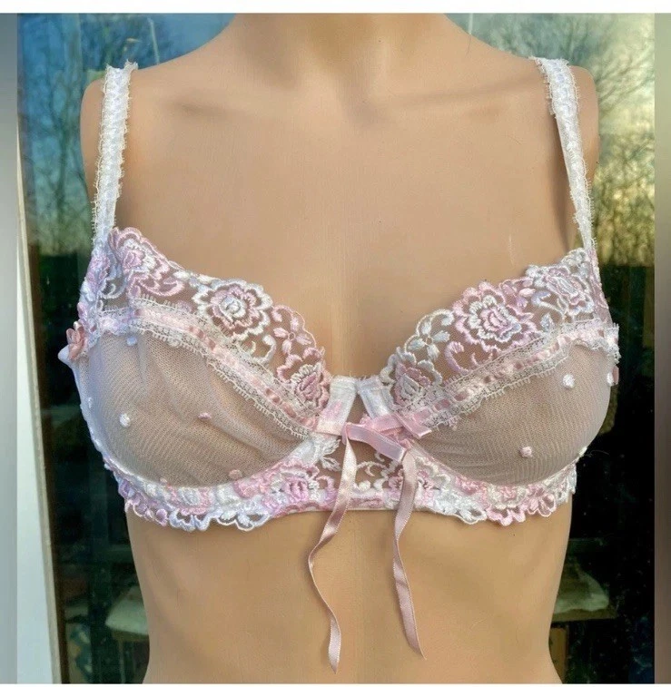 36B White & Light Pink Little Bo Peep Jezebel Mesh & Floral Embroidered Bra - Image 2 of 4