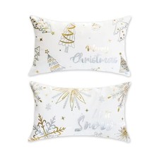 White Gold Christmas Throw Pillow Covers 12x20 Inch Set of 2 Let It Snow