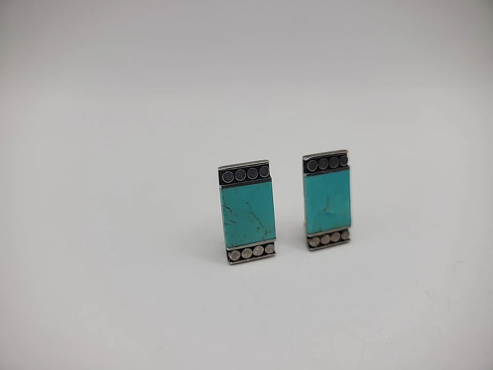 Pendientes Vintage Plata de Ley 925 Turquesa Piedra Clip En Joyería Fina Foto 3 de 4