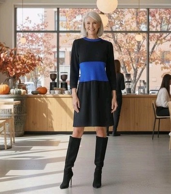 Vintage St. John Saks Knit Dress Women's 8 Blue Black Colorblock Button **Flaw