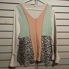 BIBI Colorblock Leopard Print Thermal V-Neck Long Sleeve Bell Sleeve Top Women M