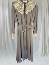 VTG 80s Miss Ashlee Dress Womens GREY & Lace  Chiffon Victorian + 2 Slips Sz M