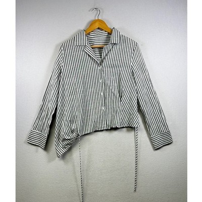 Cider Striped Button Down Shirt Womens Large Grey Asymmetrical Side Tie Long Slv