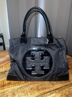 Tory Burch Ella Tote Black Nylon/Patent Leather Expandable Bag Very Good