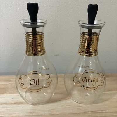 Vintage PYREX Oil & Vinegar Cruets w/ Stoppers Gold Bands & Lettering MCM USA