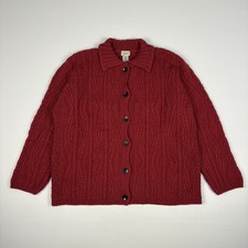 LL Bean 100 Wool Cable Knit Cardigan Sweater Womens L Made in Ireland Collared