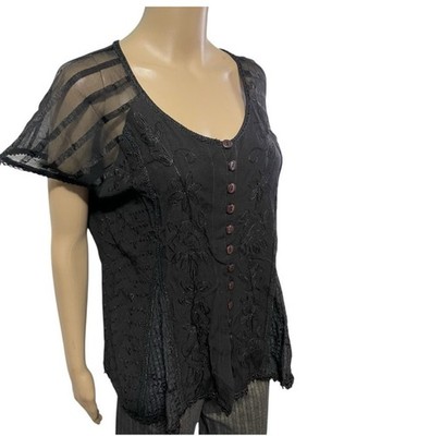VTG Y2k Flower Nymph Whimsy Goth Dark Fairy  Boho Cap Sleeve Blouse Top Free SZ