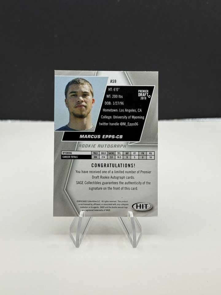 Marcus Epps 2019 SAGE HIT Autographs Black #A59 Wyoming Cowboys Eagles - Image 2 of 3