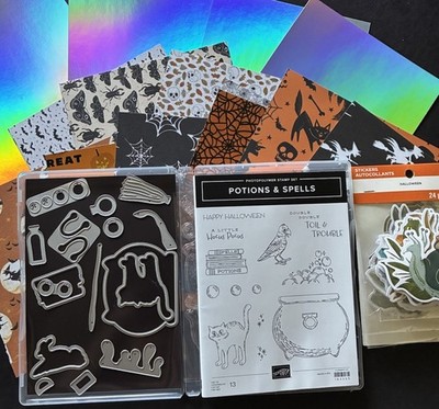 Stampin' up! Potions & Spells Stamp Dies HALLOWEEN cauldron Black Cat Bonus DSP