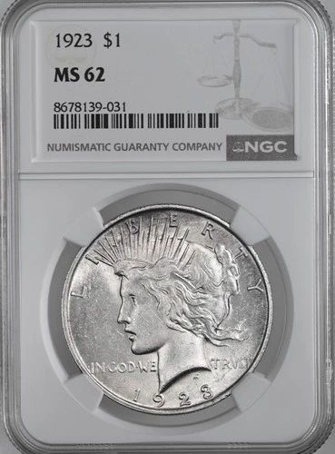 1923-P  $1 PEACE SILVER DOLLAR  NGC MS62 #8678139-031  (DARK REVERSE TONING)