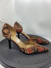 Highlights Vintage Womans Shoes Payless Pointed Toe Paisley Fabric Heel Size 8.5